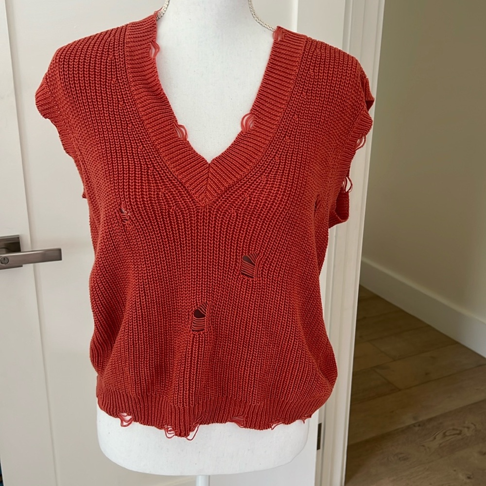 Burnt orange v neck distressed sweater vest